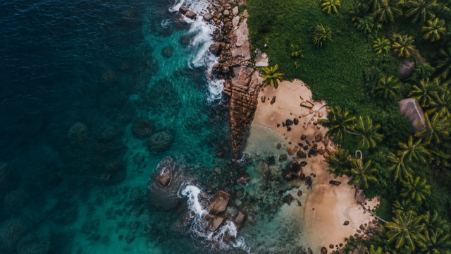 Seychelles panorama extended with AI, illustration